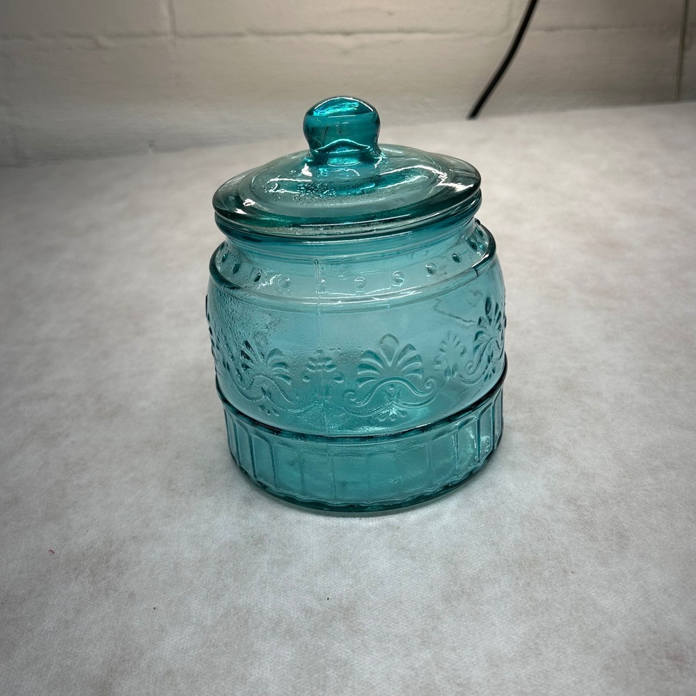 Pioneer Woman Jar Aqua‎ Blue Glass Embossed Kitchen Decor Storage Container 33oz